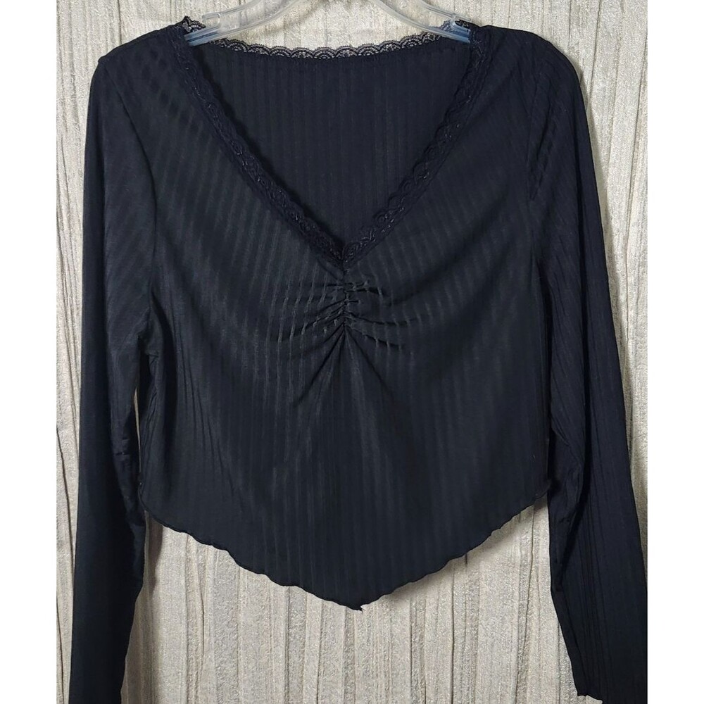 1XL Dark Coquette Romantic Goth Lace Trim Elegant Ribbed Long Slv V-neck Top